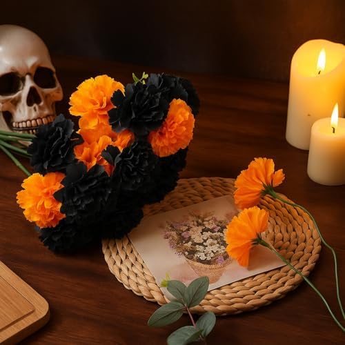 Waydress 20 Pcs Artificial Marigold Flowers Halloween,Black, Orange