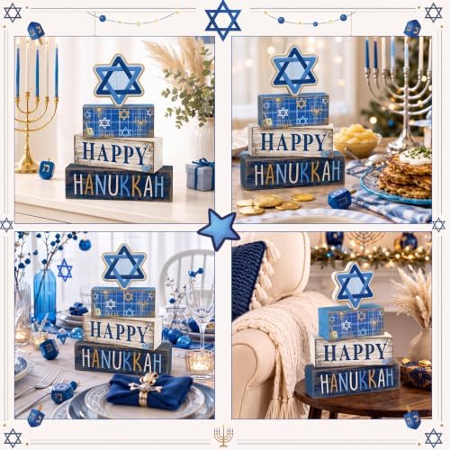 Lineshading 4 Pcs Wooden Hanukkah Block Signs Farmhouse Tiered Decor