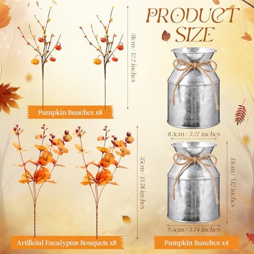 Thiccywoov 4 Set Thanksgiving Fall Table Centerpiece Decorations Artificial Orange Pumpkins Eucalyptus with Metal Vase Faux Pumpkins Plants in Pots for Autumn Harvest Party Home Dining Table Decor
