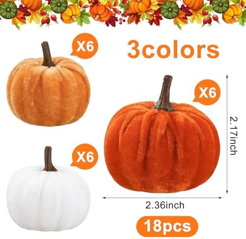 18 Pcs Fall Artificial Velvet Pumpkins Fake Fabric Pumpkin Faux Foam Pumpkins Orange Yellow White Artificial Pumpkin Decorations for Fall Harvest Thanksgiving Halloween Farmhouse Table Centerpiece