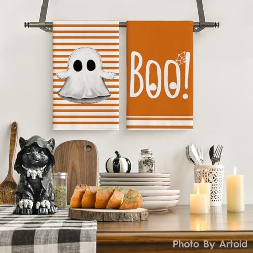 Artoid Mode Orange Ghost Halloween Kitchen Towels Set of 4 18x26 Inch