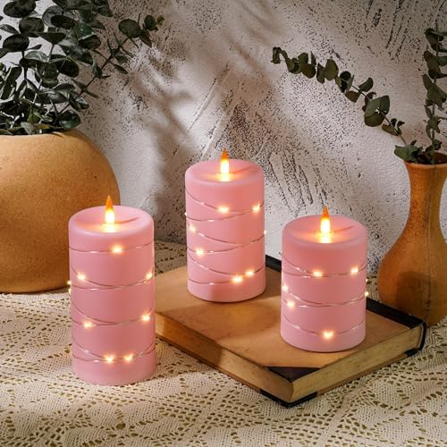 Rose Pink Flameless Candles with String Lights Battery Operated Flickering LED Pillar Candles with Remote Control Timer, Set of 3 for Living Room, Table Décor, Christmas Weddings