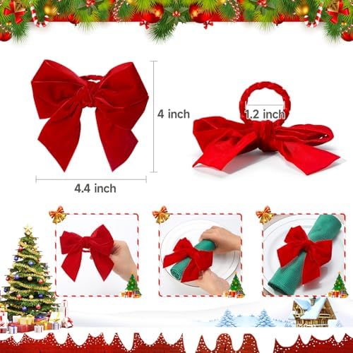 KPOSIYA Christmas Napkin Rings Set of 8, Red Bow Napkin Holder 3.5x3.5 in