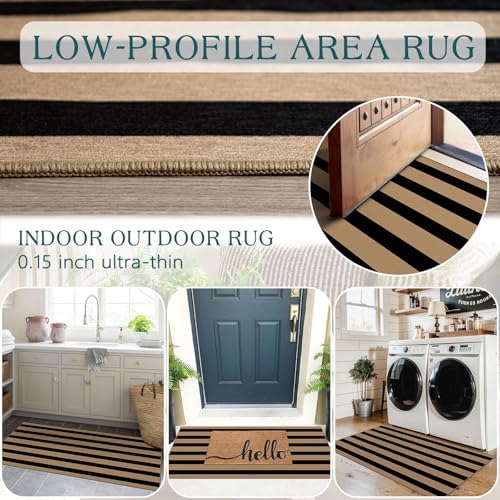 Front Door Mat Indoor Entrance - 2x4.3 Ft Black Tan Striped Rug