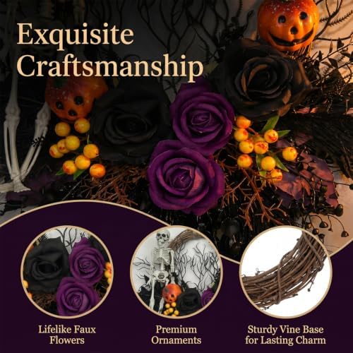 Halloween Wreath for Front Door 16" Dark Gothic Skull Spooky Decor