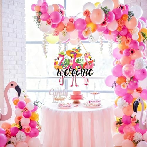 Flamingo Welcome Door Sign 12'' Summer Tropical Wooden Decor Hawaiian Flamingo Wall Art Hanging Sign Pink Flamingos Front Door Wreath for Farmhouse Home Wall Holiday Summer Decor, Housewarming Gift