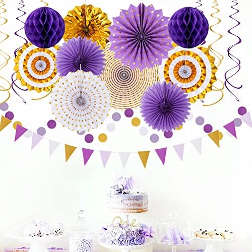 Purple-Gold Graduation Party-Decoration - 33pcs Kits Banner, Streamers Tassel Garland,Tissue Pom Poms Honeycomb, Paper Lantern Fans,Wedding Girl Birthday Baby Bridal Shower Decor Hugtmr