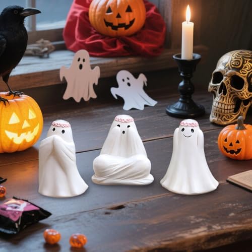 3 Pcs Ghost See No Evil Hear No Evil Speak No Evil Statues, Spooky Halloween Ghost Plant Decorations for Pots, Cute See No Evil Hear No Evil Figurines for Home Office Desk Lawn Yard Planter Pot
