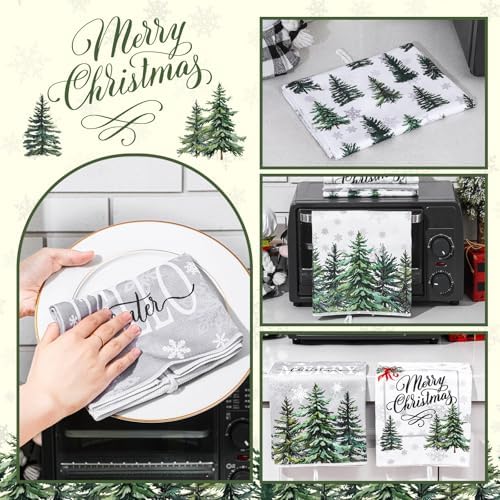 Bencailor 6 Pcs Christmas Kitchen Towel, Green, Snow Tree Style