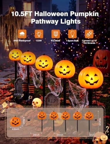 10.5FT Halloween Pathway Lights, 5PK LED Jack o Lantern Stake Lights