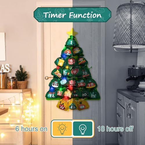 cshare Christmas Advent Calendars with Pockets, Christmas Tree Hanging Advent Calendar Reusable, Empty to Fill Farbic 24 Days Countdown Christmas Decorations