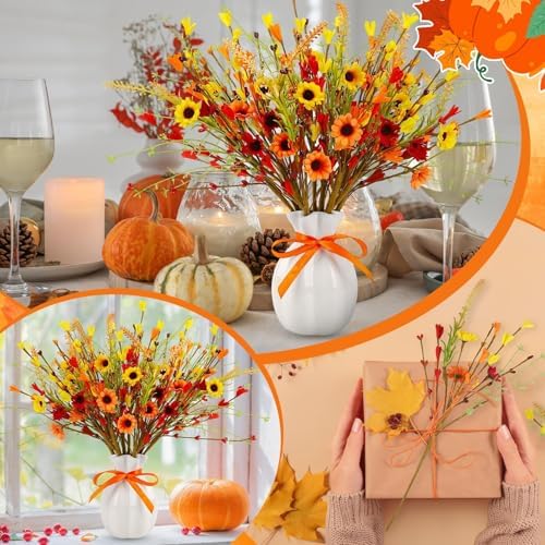 JUNEBRUSHS 12 Pack Fall Flowers, Artificial Autumn Floral Berry Picks Forsythia Stem for Thanksgiving Harvest Bouquet Floral Arrangements Garland Table Centerpieces Home Decor