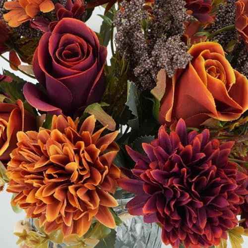 3 Bundles Fall Artificial Flower Arrangements with Vase, Burnt Orange Roses