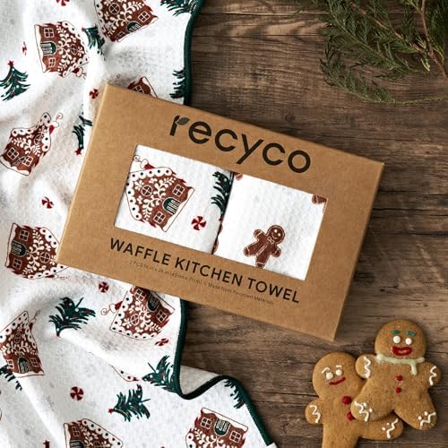 RECYCO Christmas Waffle Kitchen Towel Set of 2 - Quick Dry Microfiber Sustainable Dish Towels - Ultra Absorbent Reusable Cleaning Tea Towels - Lightweight Hand Towels,16”x 28”, Gingerbread Joy