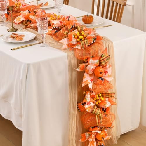 Waipfaru 6 FT Fall Garland for Mantel, Autumn Garland with Pumpkin Ribbon & Berries, Thanksgiving Vine for Table Centerpiece, Fall Party Decor for Fireplace & Modern Farmhouse