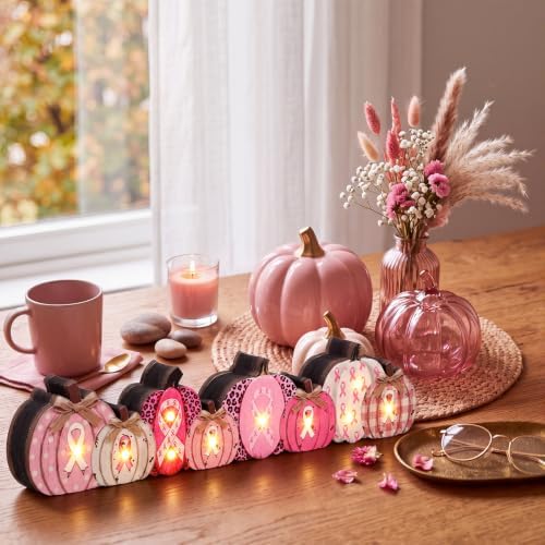 Yousoontic Breast Cancer Awareness Table Decorations, Light up 3D Wooden Pumpkin Table Centerpiece, LED Pink Ribbon Pumpkin Decor, Rustic Farmhouse Sign for Pink October Fall Mantel Desk Home Party