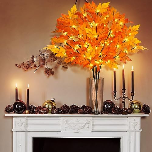 3Pcs 30”Lighted Maple Leaves Branches Stems with Timer Battery Operated 60 LEDs Fall Artificial Maple Branches with Lights for Vases Autumn Home Thanksgiving Halloween Christmas Decoration