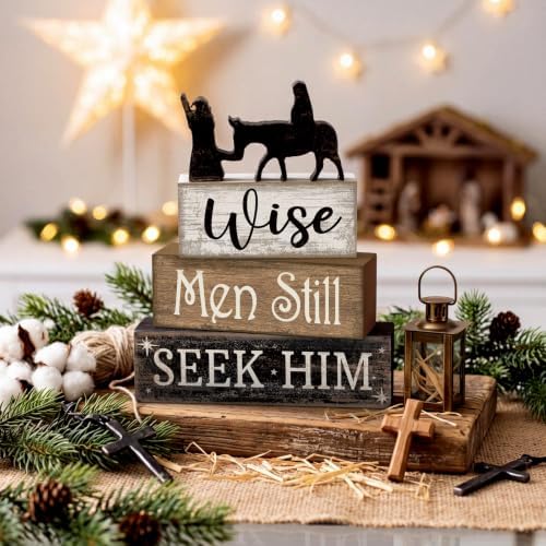 Lineshading 4 Pcs Christmas Nativity Wooden Blocks Wise Men Table Decor