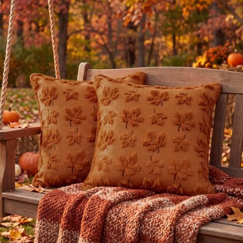 Fall Throw Pillow Covers 20x20 Set of 2 Rust Orange Plush Maple Leaf