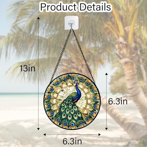 Peacock in Feather Halo Stained Glass Window Hanging Suncatcher Gifts 6.3"