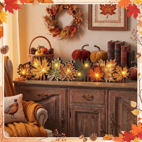 Rattanview Fall Maple Lighted Decorations, Wooden Table Centerpiece