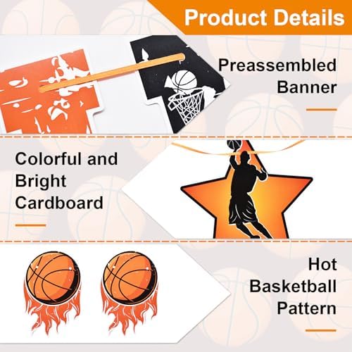 Basketball Happy Birthday Banner - Orange and Black Sports-Themed Party Decoration with Basketball Hoops and Fireball Design, Pre-Assembled, No DIY Required, Festive Indoor Outdoor Birthday Party Supplies