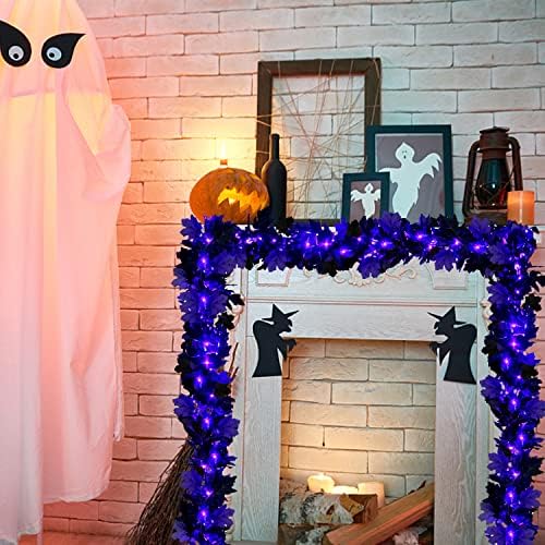 FOIMAS Halloween Maple Garland,2pcs Black Maple Leaves Garland with Lights for Halloween Mantle Fireplace Tree Decoration