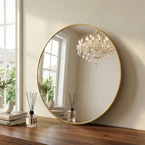 30 Inch Gold Round Bathroom Wall Mirror, Round Mirrors for Wall Decor, Circle Mirror for with HD Shatter-Proof Glass