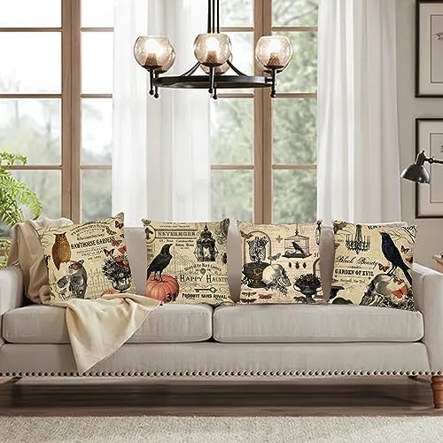 YeeJu Set of 4 Halloween Decorative Throw Pillow Covers Square Cotton Linen Cushion Covers Outdoor Couch Sofa Home Pillow Cases 22x22 Inch