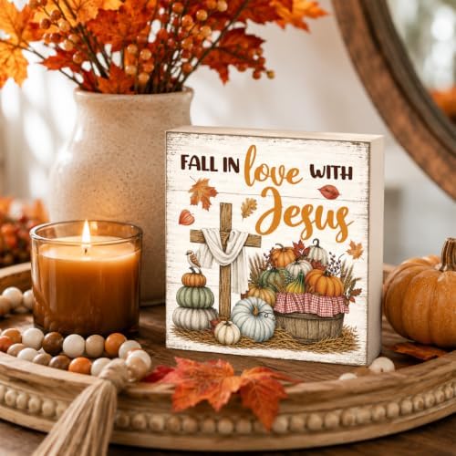 Fall Decorations for Home Fall in Love with Jesus Wood Sign Fall Decor