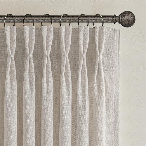 Memory Trained Pinch Pleated Greyish Brown Bedroom Curtains 94 Inches Long, Light Filtering Thick Natural Linen Semi