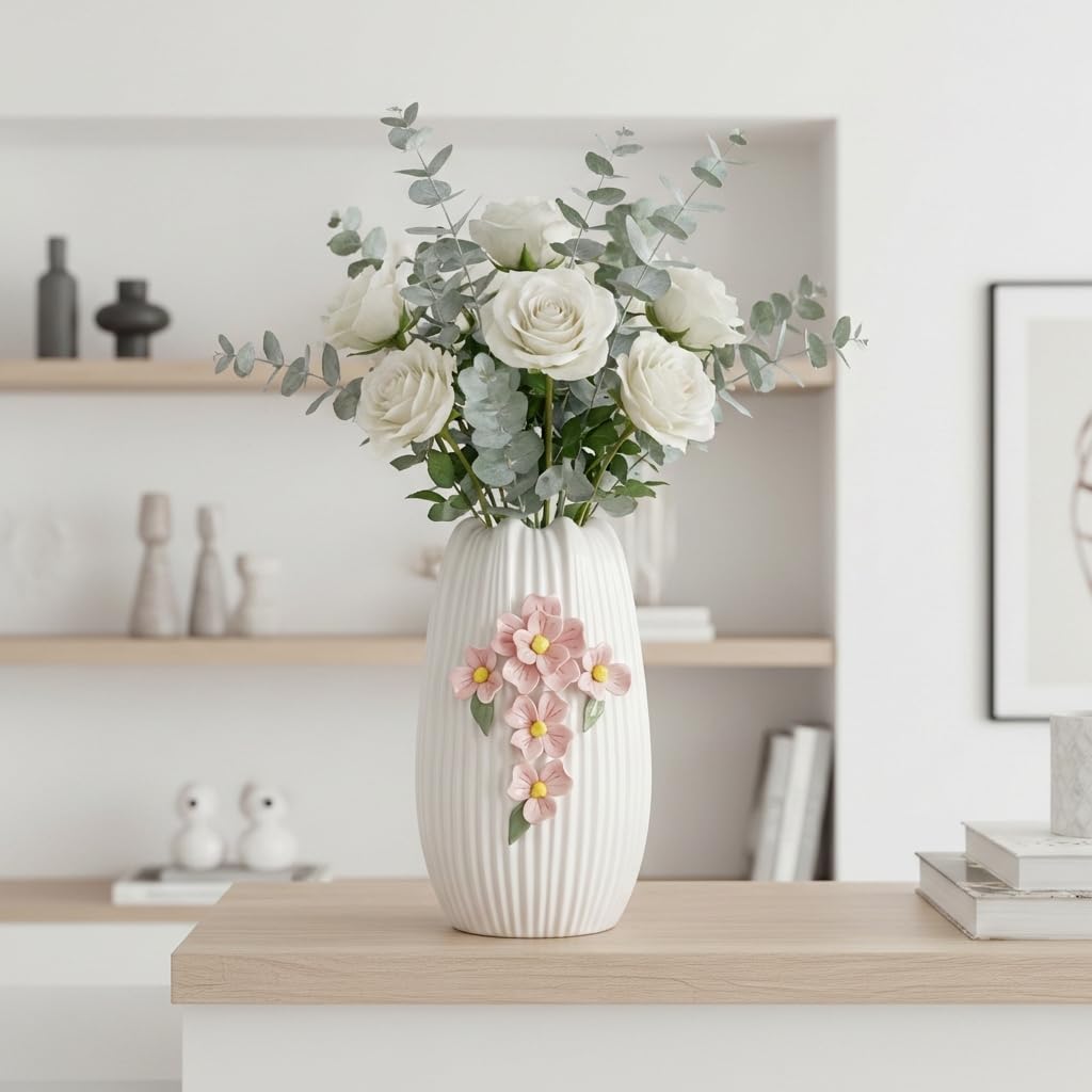 Ceramic Flower Vase / White and Pink / 9 Inch