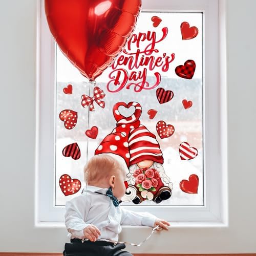 Whaline 6 Sheets Valentine' s Day Window Clings Romantic Red Stripe Heart Potted Gnome Windows Decor Reusable Anti-Collision Glass Stickers for Wedding Anniversary Home Party Supplies