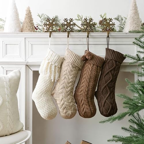 Farmhouse Knitted Personalised Christmas Stockings: 4 Pack 18 Inch Rustic Neutral Cable Knit Fireplace Stockings, Rustic Cozy Hanging Xmas Stocking Decorations for Family Holiday Décor, Earth Tones