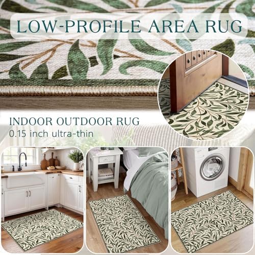 Front Door Mat Outside Entrance, 2x3 Boho Sage Olive Green Leaf Rug