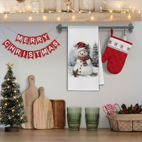 Red Plaid Christmas Snowman Kitchen Towels, Winter Christmas Dish Towels Drying Cloth for Kitchen, Retro Xmas Tree Santa Snowman Decorative Hand Towel for Bathroom, 16x24 Inch