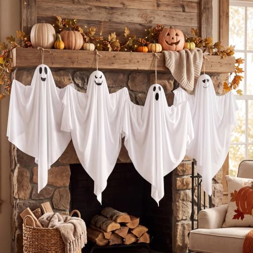 JOYIN 4 Pcs Halloween Party Decoration 27.5" Hanging Ghosts, Cute Flying Ghost for Front Yard Halloween Decorations Outdoor Party Décor and Holiday Decoration