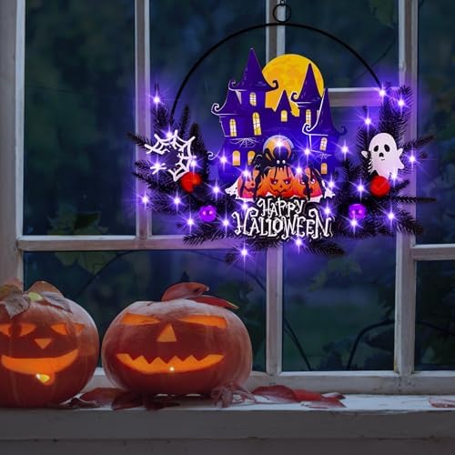 Pre-Lit Halloween Wreath for Front Door, Lighted Spider with 6H On/18H Off