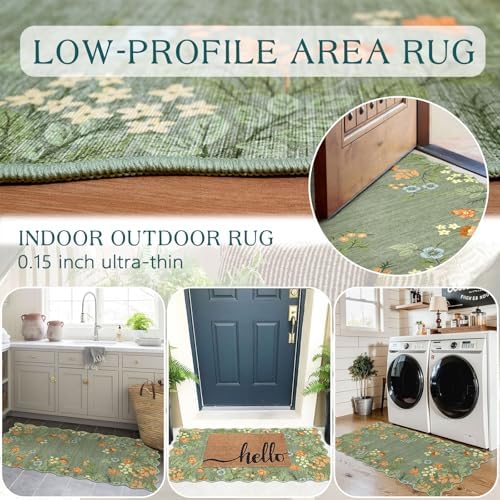 Front Door Mat Indoor Entrance - 2x4.3 Ft Sage Green Floral Washable Layered Doormat Outdoor Entrance Porch Rug