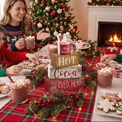 Moucuny 4 Pcs Christmas Table Decor for Home Kitchen, Wooden Coffee Cocoa