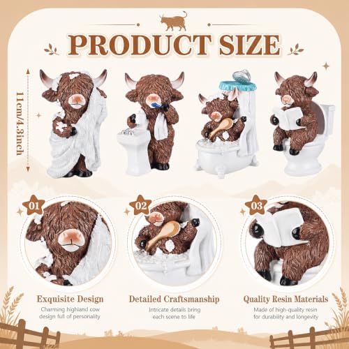 Simgoing 4 Pcs Farmhouse Highland Cow Bathroom Decor, Resin Cow Figurines