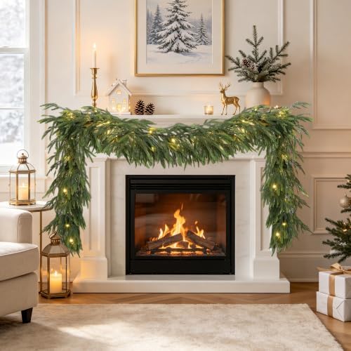 6FT Soft Touch Artificial Norfolk Pine Christmas Garland with Timer Lights