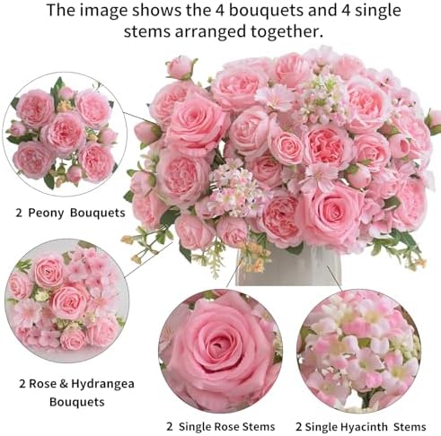 8 Pcs Mixed Artificial Peony Flowers Set-4 Bouquets & 4 Stems, Pink Fake Peony Rose Hydrangea Flowers for Vase Silk Floral Arrangements for Table Centerpiece Wedding Party Bridal Decoration Home Decor
