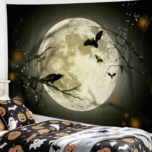LB Halloween Full Moon Tapestry Wall Hanging Creepy Halloween Night Black Bat Crow Taspestry Wall Art Blanket for Bedroom Living Room Dorm Home Wall Decor, 80x60 Inches