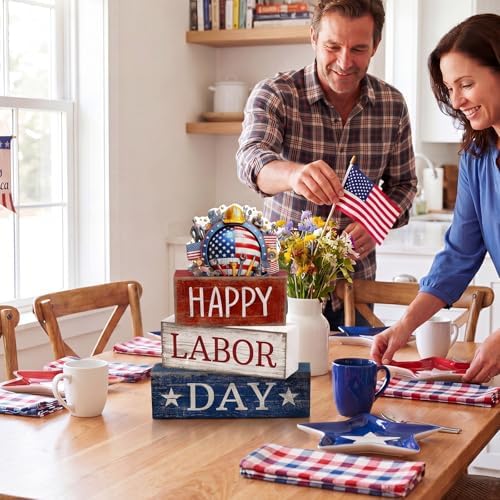 Moucuny 4 Pcs Labor Day Red White Blue Wooden Block Signs Table Decor