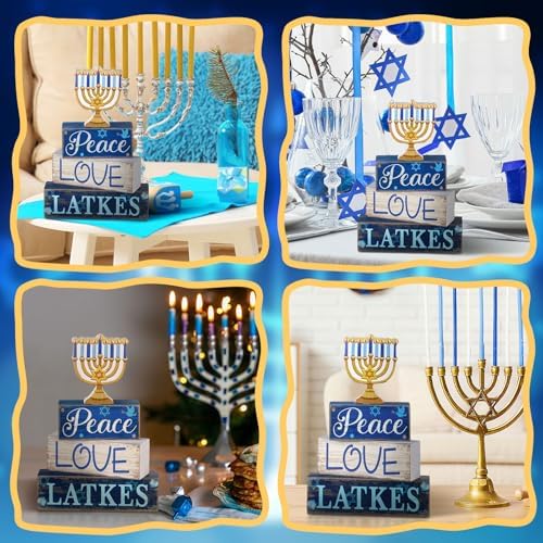 Lineshading 4 Pcs Hanukkah Decorations for Home Wooden Menorah Decor