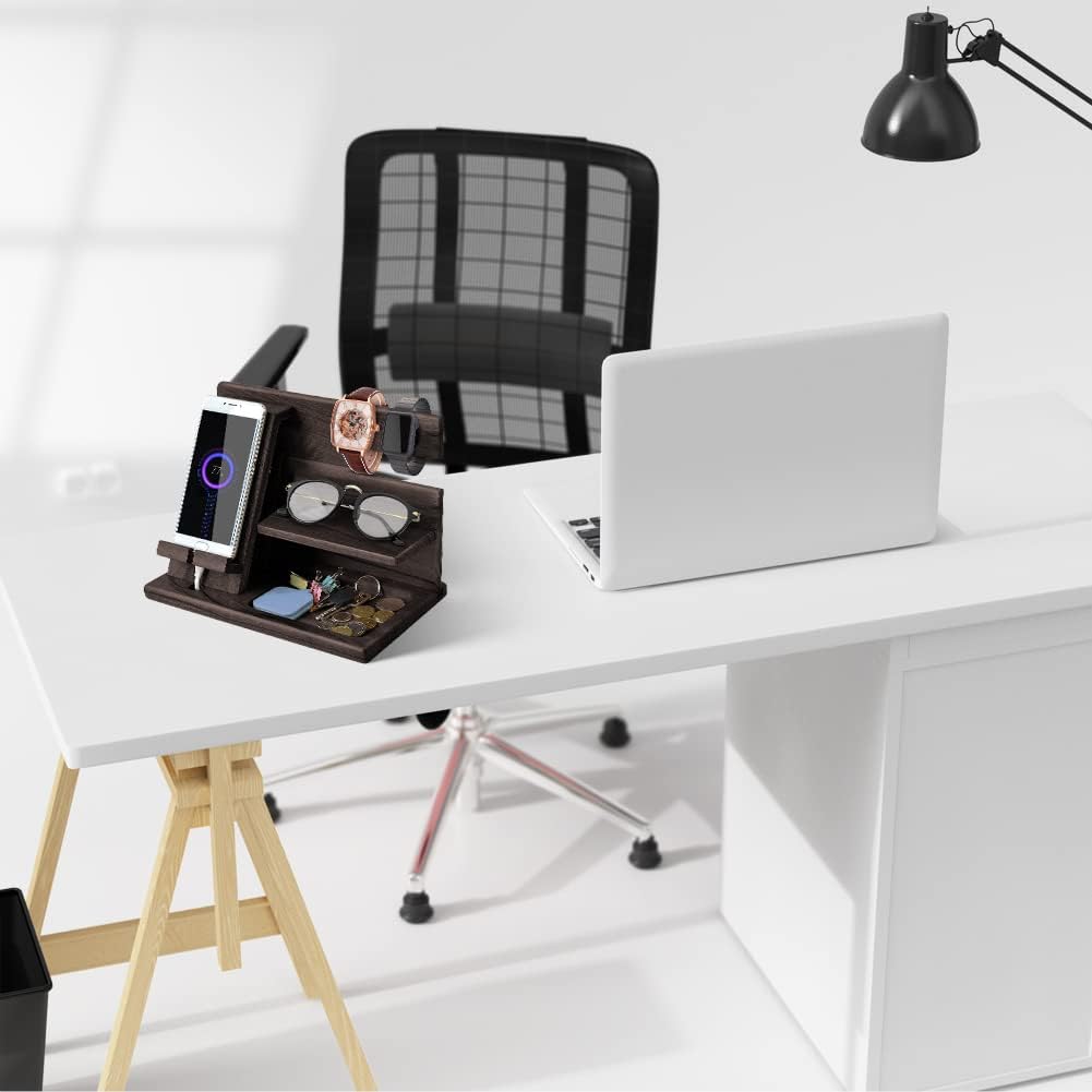 Gifts for Men Bedside Organiser Wood Phone Docking Station Dad Birthday Gifts for Him Nightstand Key Wallet Watch Stand