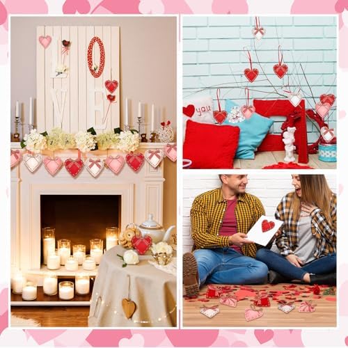HunnmingRe 24 Pcs Valentine Felt Heart Ornaments for Tree Small Heart Hanging Decorations Valentine Felt Baubles for Home Wedding Party Decor(2.4 Inch,Elegant Style,Red Pink White)