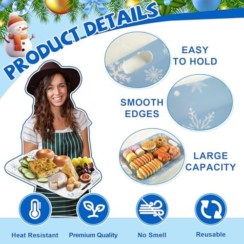 2Pcs Winter Serving Trays 16×11 inch Large Melamine Snowflake Trays Platters with Handles Rectangular Snowflake Tray Set Blue White Rectangular Serving Dishes for Winter Birthday Party Decorations