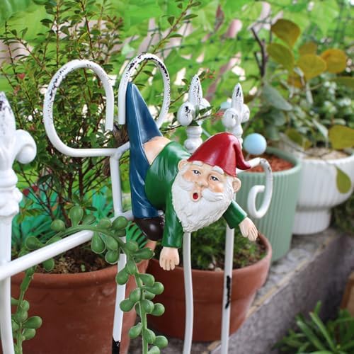 Gnome Figure Plant Pot Hanger, Turtle Flower Pot Hugger, Resin Gnome Statue, Funny Pot Huggers for Planters, Cute Climbing Tortoise Flower Pot Hugger, Garden Fence Balcony Patio Yard (GNOME)
